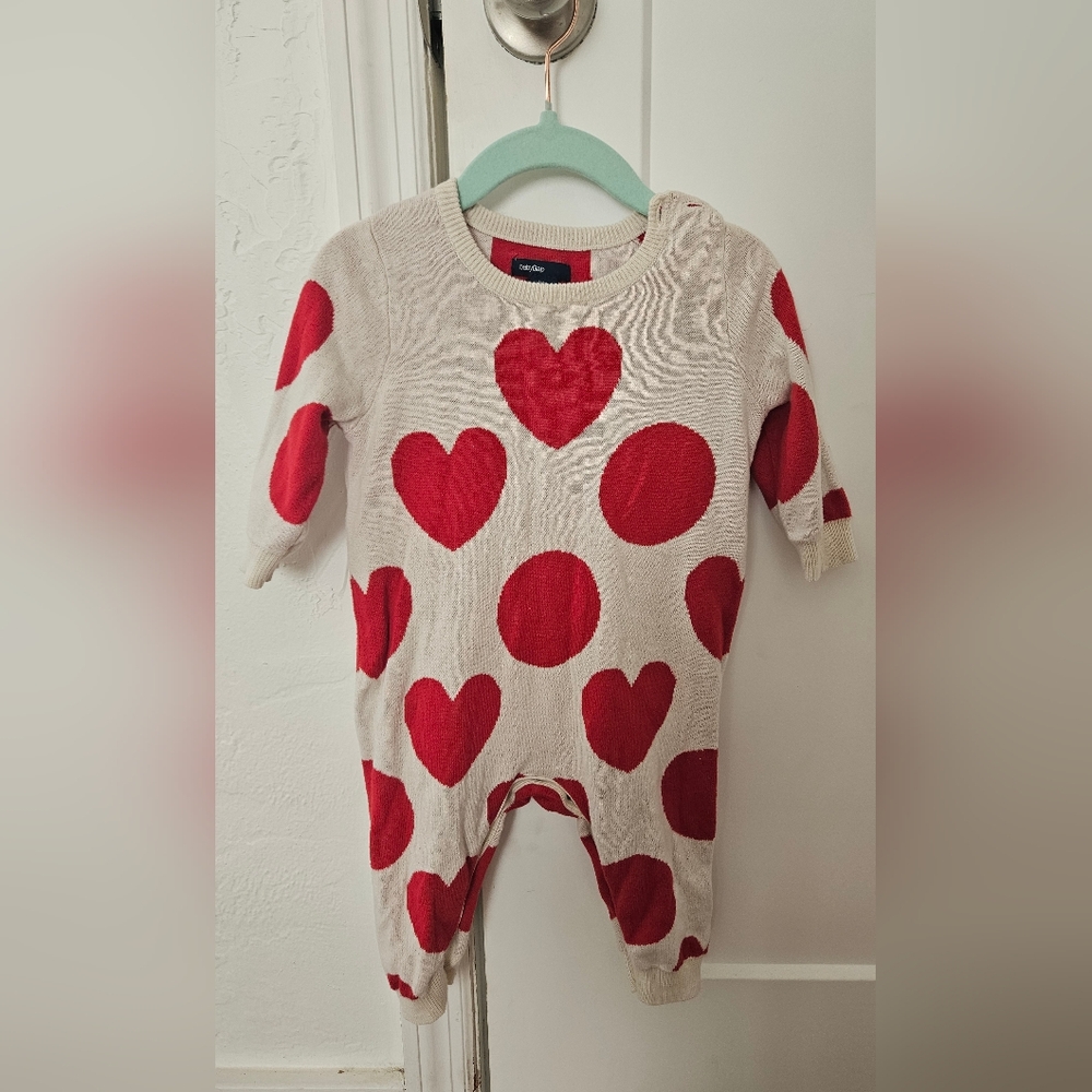 GAP Cream and Red Heart Pattern One Piece Footie